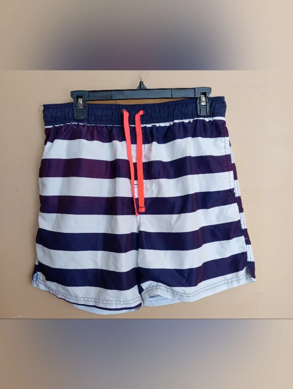 Striped Navy & White Swim Trunks with Orange Drawcord